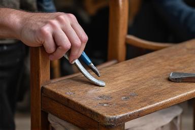 An antique wooden chair undergoing detailed restoration, with tools and a craftsman's hands visible.